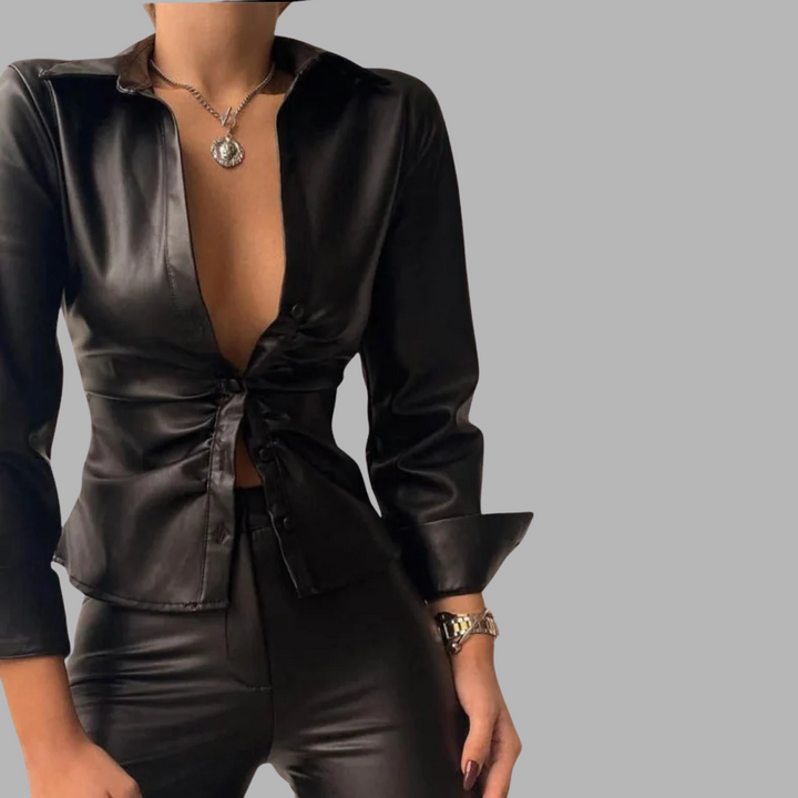 Lill | Printed V-Neck Leather Blouse with Long Sleeves