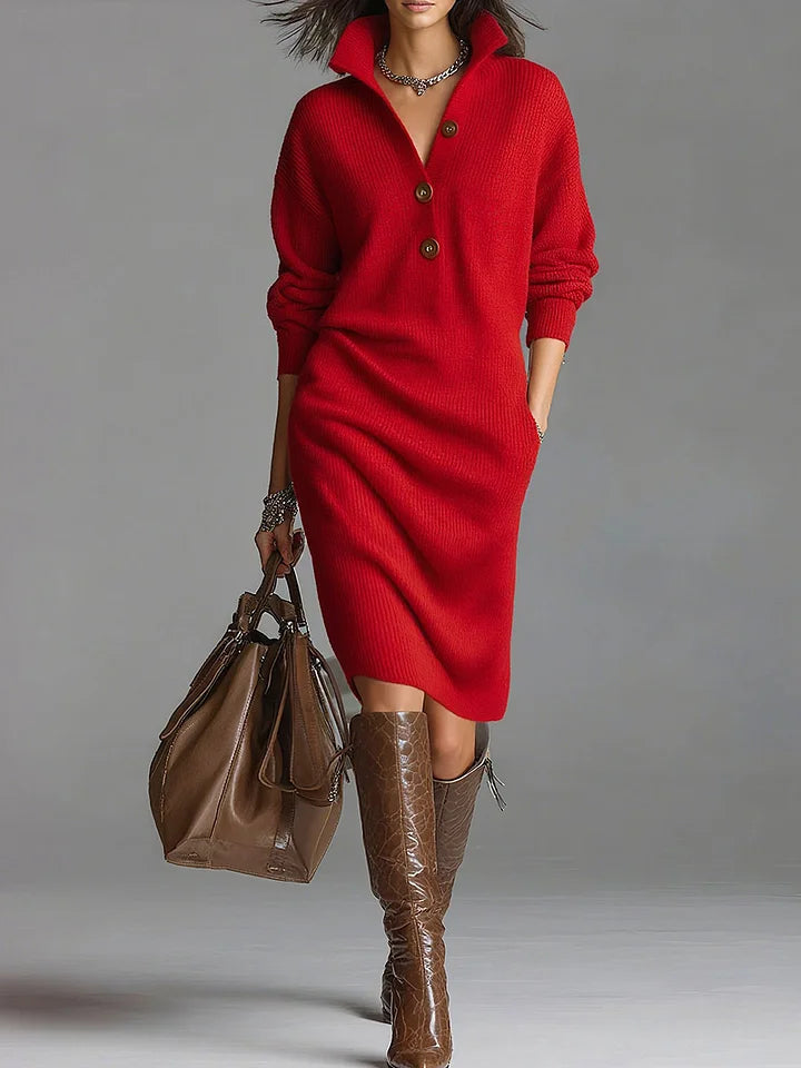 Lena™ | Elegant Ribbed Sweater Dress Red