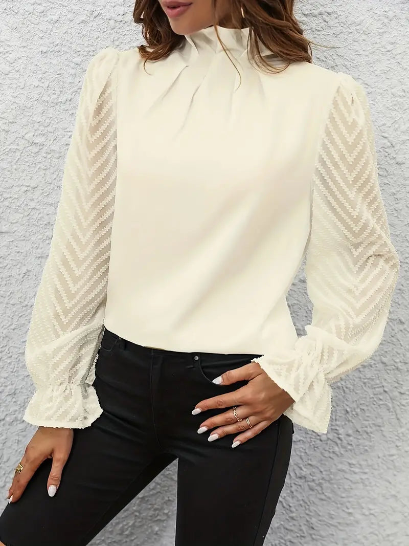 May Britt | Chic Pleated Top with Sheer Mesh Sleeves for Women Apricot