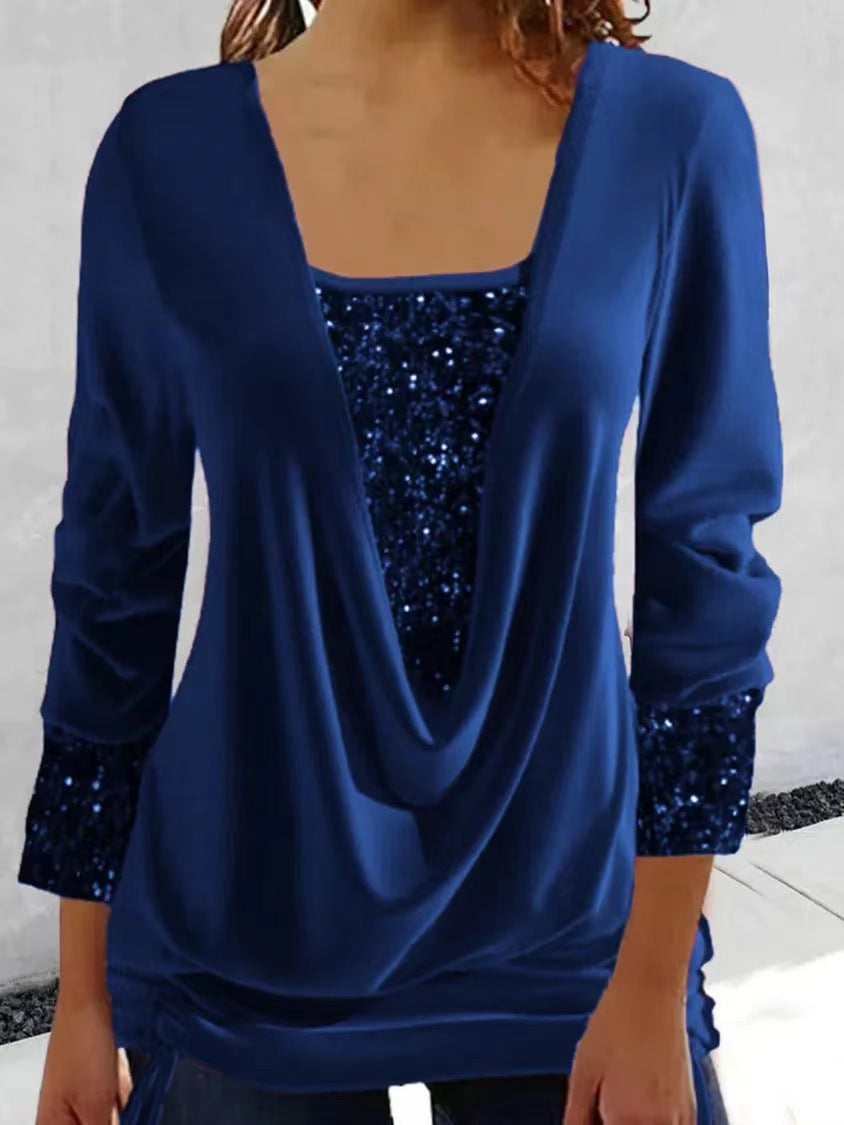 Elena | Elegant Sequin Drape Top Blue