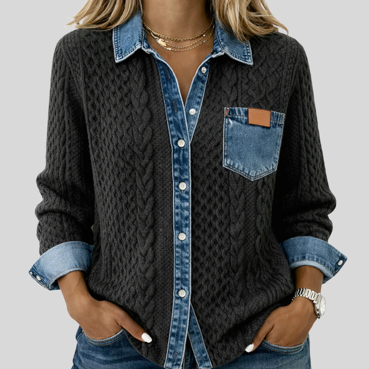 Evelyn | Long-Sleeve Shirt with Denim Patchwork Dark Grey