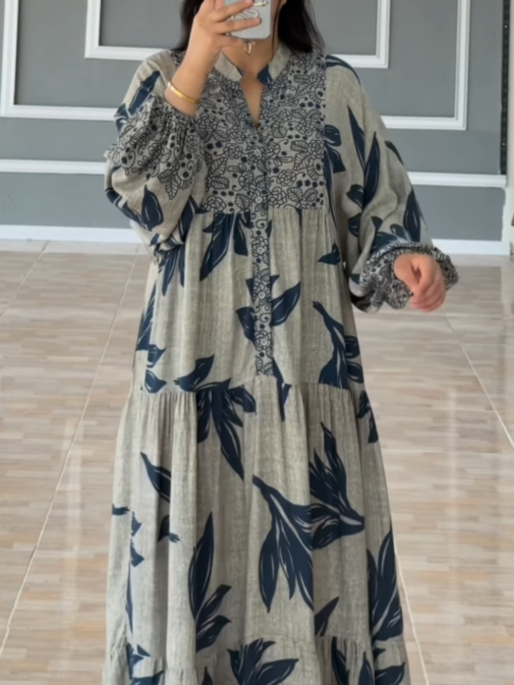 Anya | Printed Lantern Loose Dress Grey