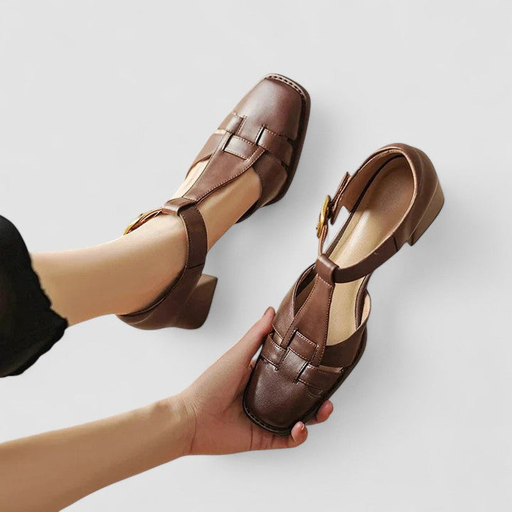 Scarlett – Orthopaedic T-Strap Block Heels Brown