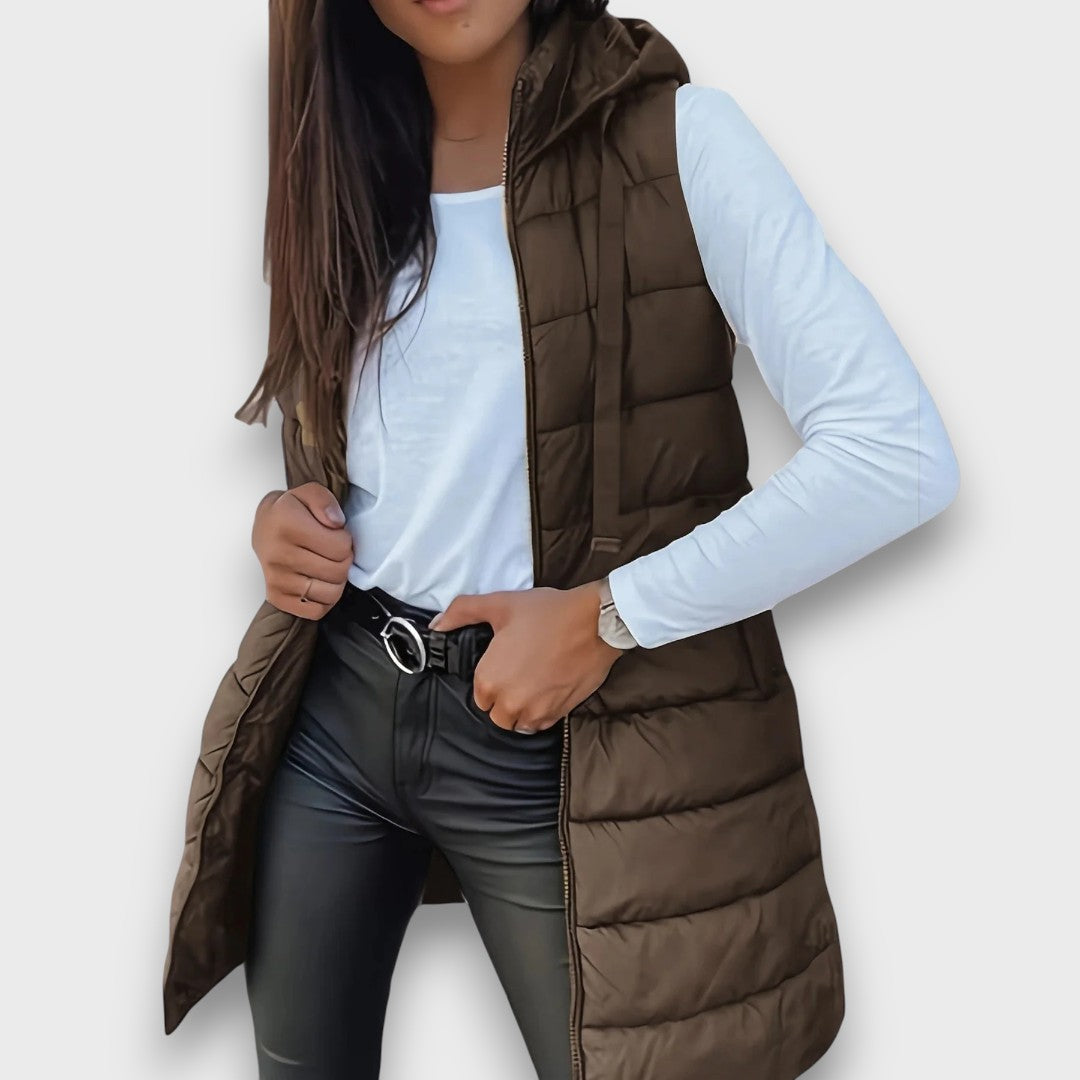 Kaira | Casual Sleeveless Hooded Puffer Vest Coffee