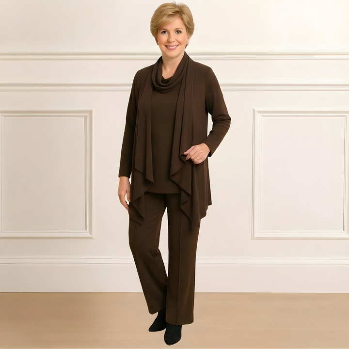 Evelyn | Cardigan, Top & Pants Set Dark Brown
