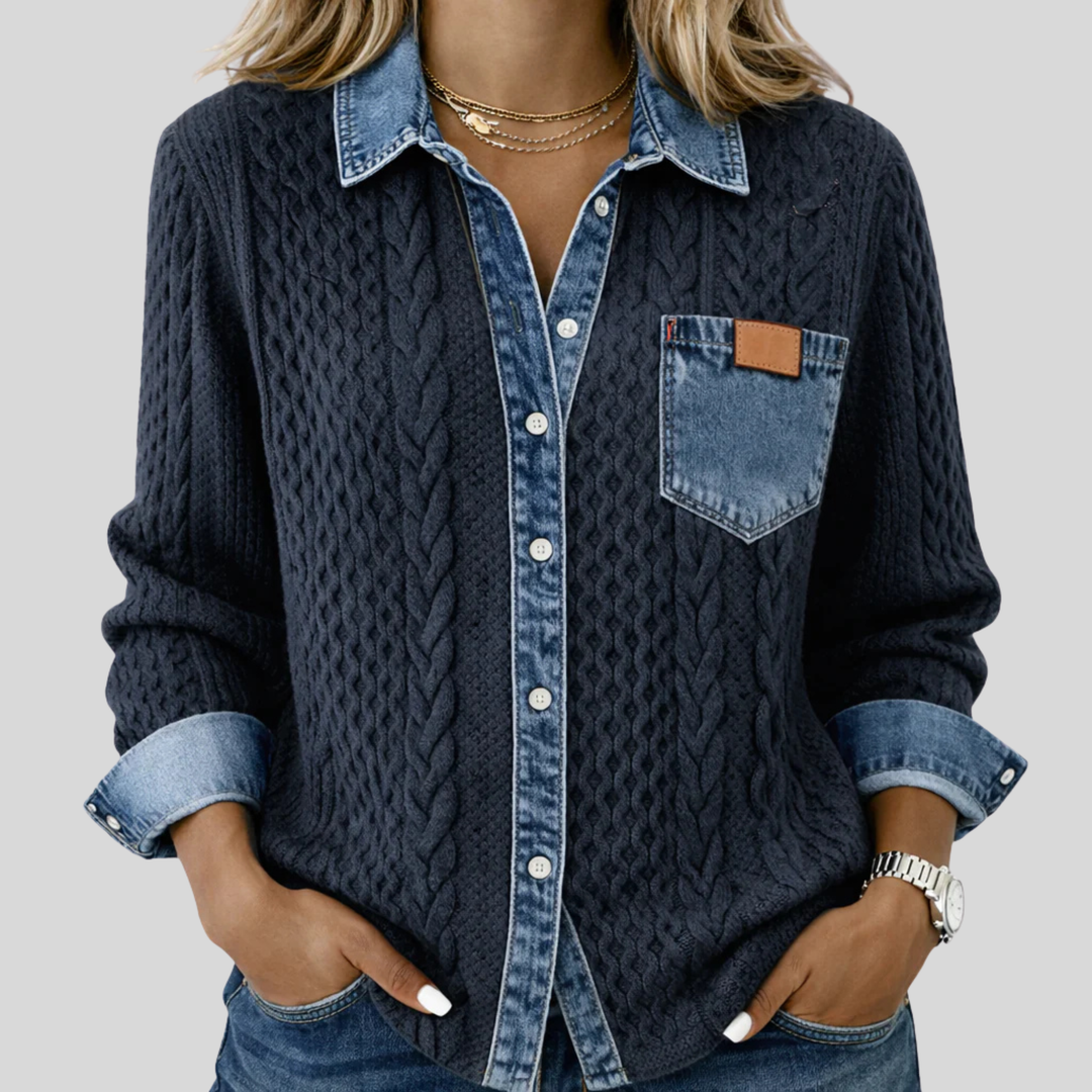 Evelyn | Long-Sleeve Shirt with Denim Patchwork Dark blue