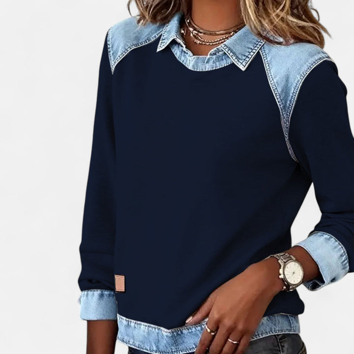 Trendy Long-Sleeve Blouse Navy Blue