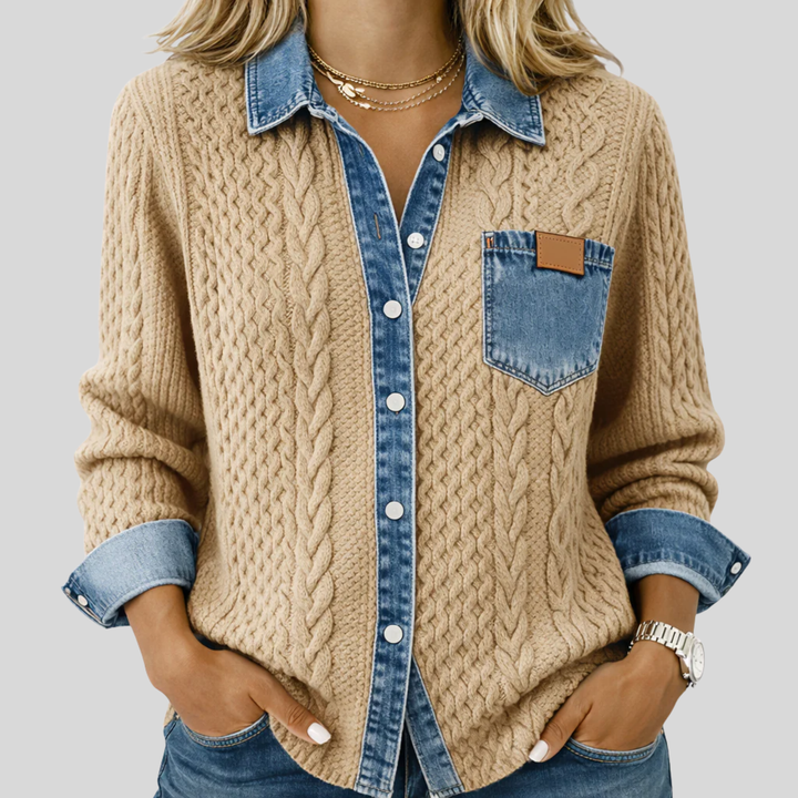 Evelyn | Long-Sleeve Shirt with Denim Patchwork Khaki