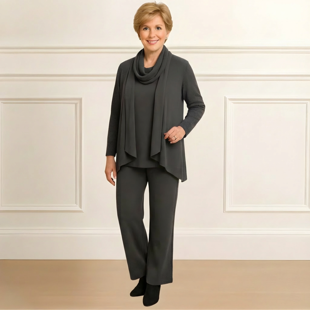 Evelyn | Cardigan, Top & Pants Set Dark Gray