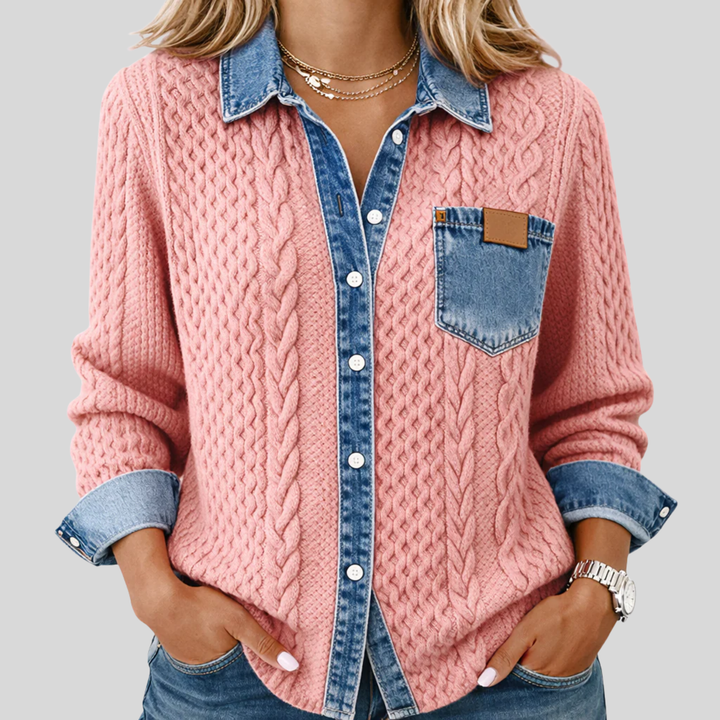 Evelyn | Long-Sleeve Shirt with Denim Patchwork Pink