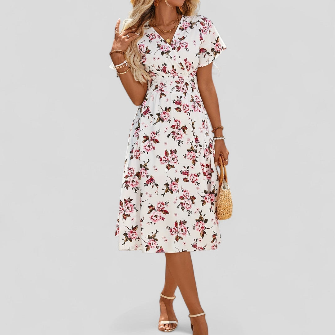 Natalie | Comfortable Summer Midi Dress Floral Pink