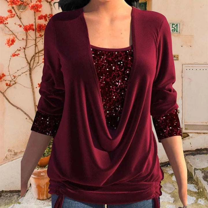 Elena | Elegant Sequin Drape Top Red