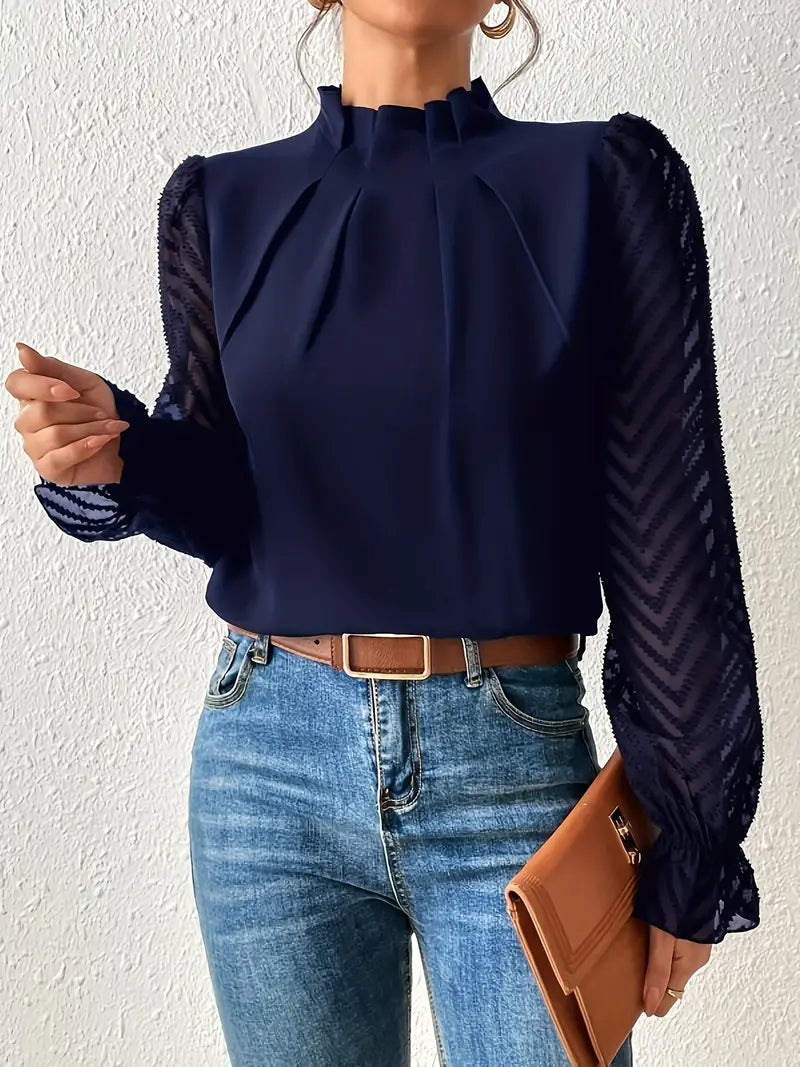 May Britt | Chic Pleated Top with Sheer Mesh Sleeves for Women Navy Blue