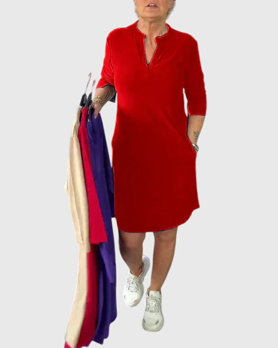 Clarissa | Solid V-Neck Dress Red