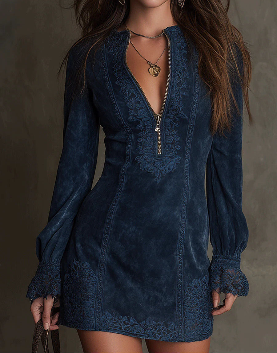 Jasmine | Blue Suede Mini Dress with Lace Blue