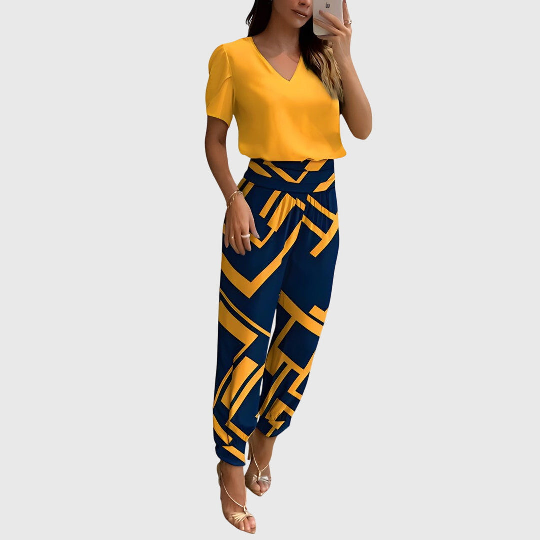 Josephine | Stylish Blouse and Pants Set Yellow-Blue Print