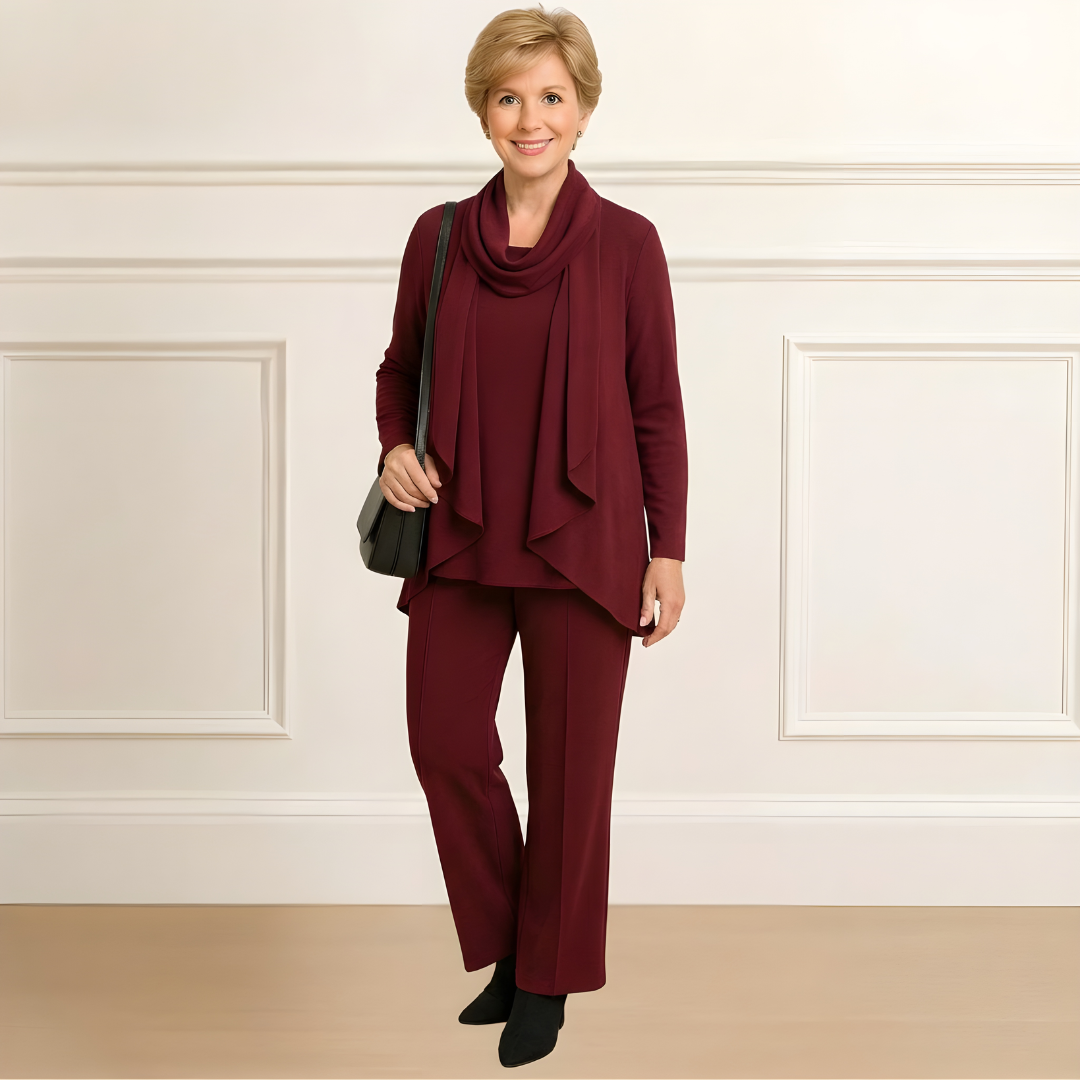 Evelyn | Cardigan, Top & Pants Set Burgundy