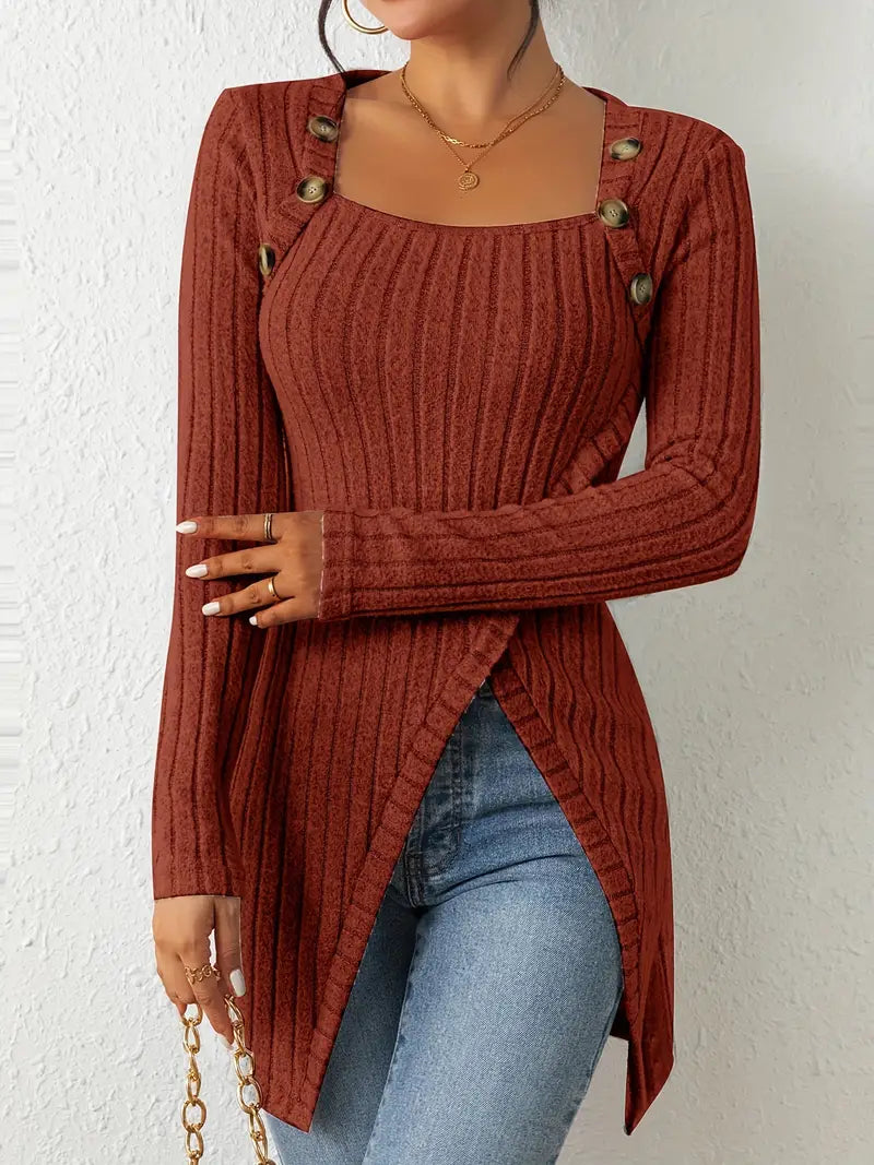 Maressa | Button Closure Ribbed Top Burgundy