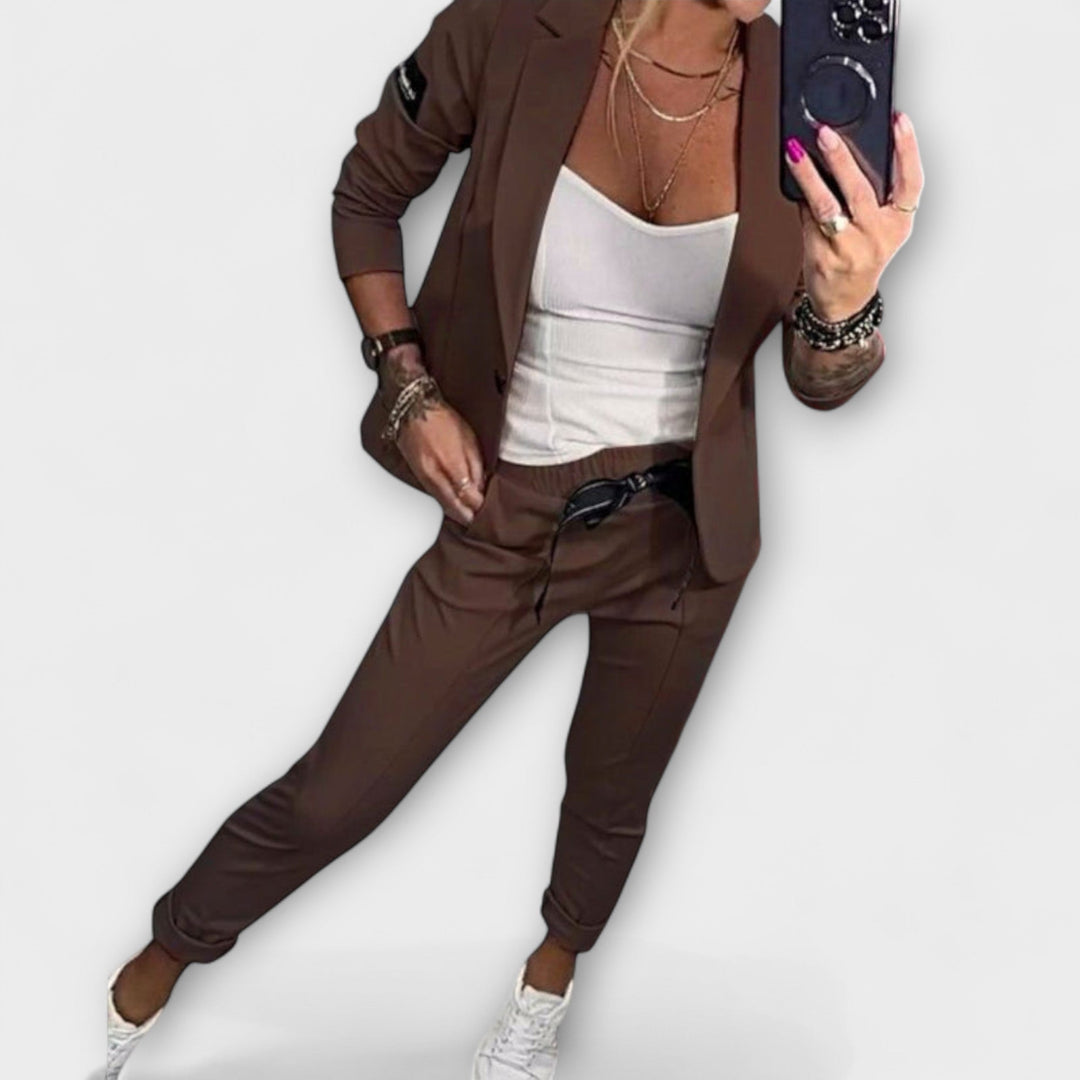 Candace | Elegant Set of Top, Jacket, and Pants Brown
