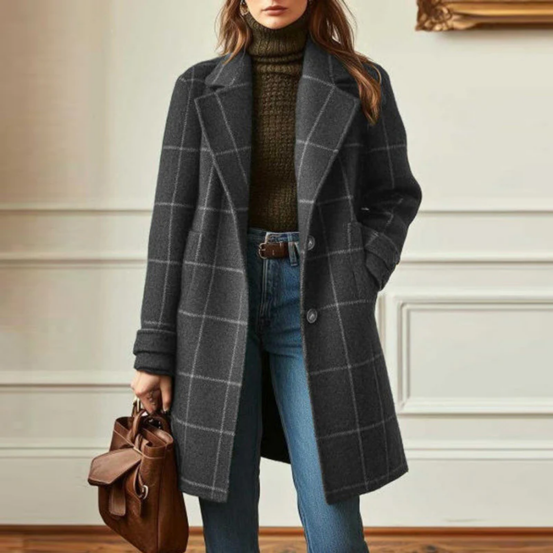 Sheron | Retro Lapel Plaid Tweed Coat Grey