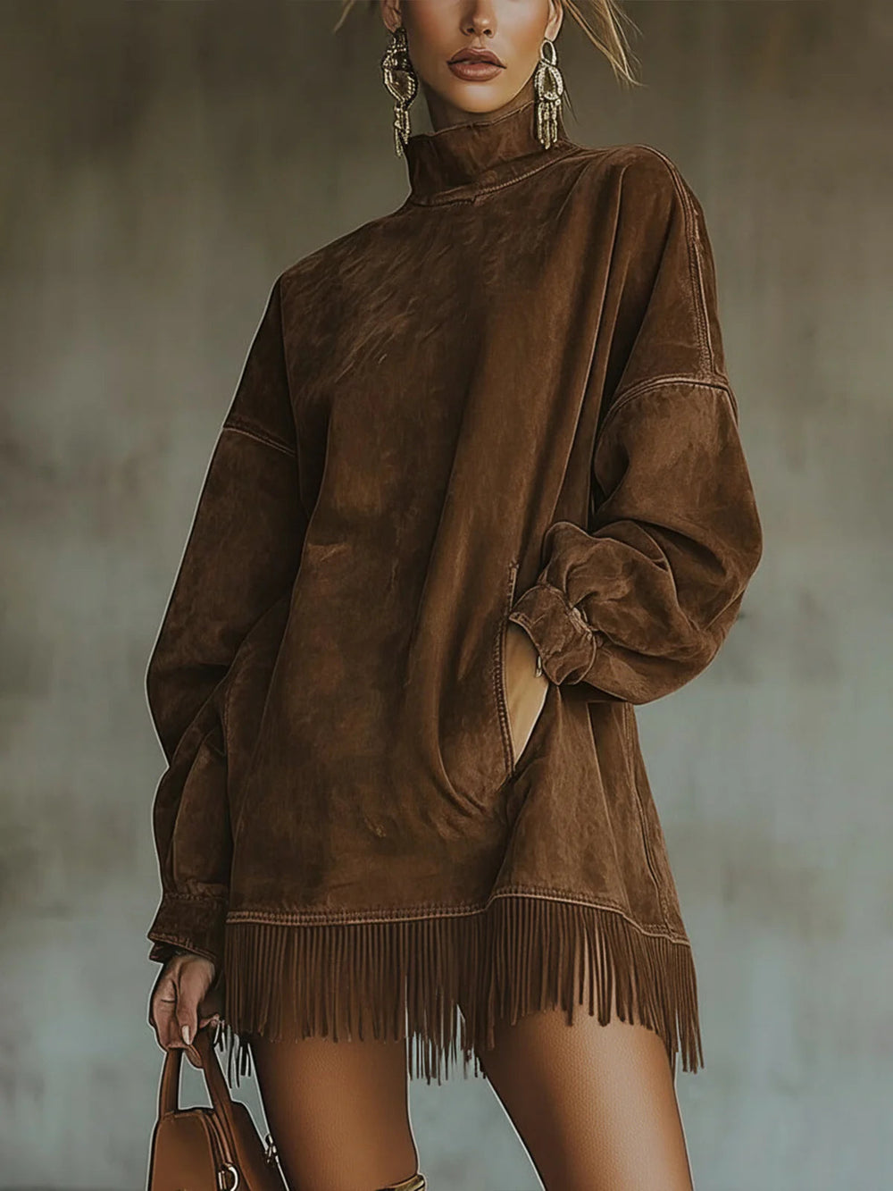 Nancy | Faux Suede Fringe Turtleneck Dress Brown