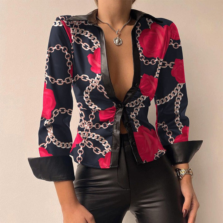 Lill | Printed V-Neck Leather Blouse with Long Sleeves Red Chain
