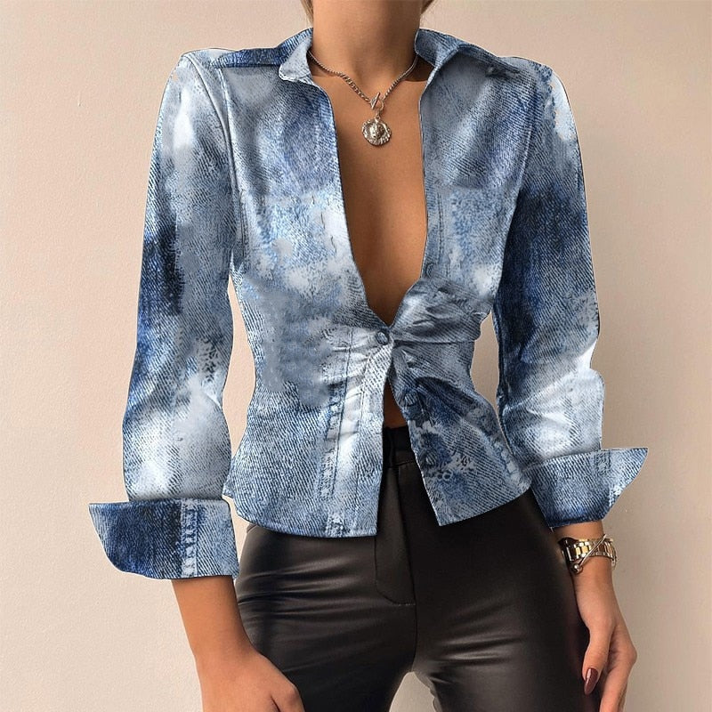 Lill | Printed V-Neck Leather Blouse with Long Sleeves Denim Blue