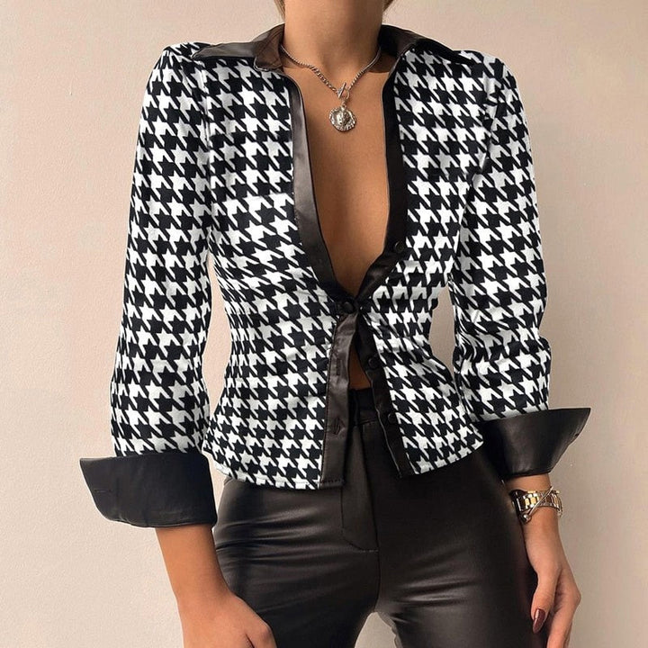 Lill | Printed V-Neck Leather Blouse with Long Sleeves Houndstooth