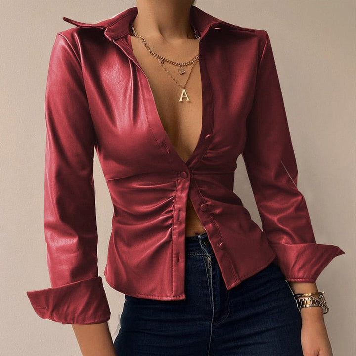 Lill | Printed V-Neck Leather Blouse with Long Sleeves Burgundy