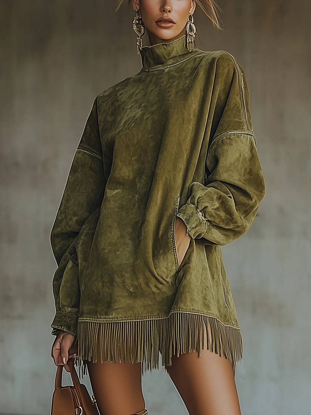 Nancy | Faux Suede Fringe Turtleneck Dress Green