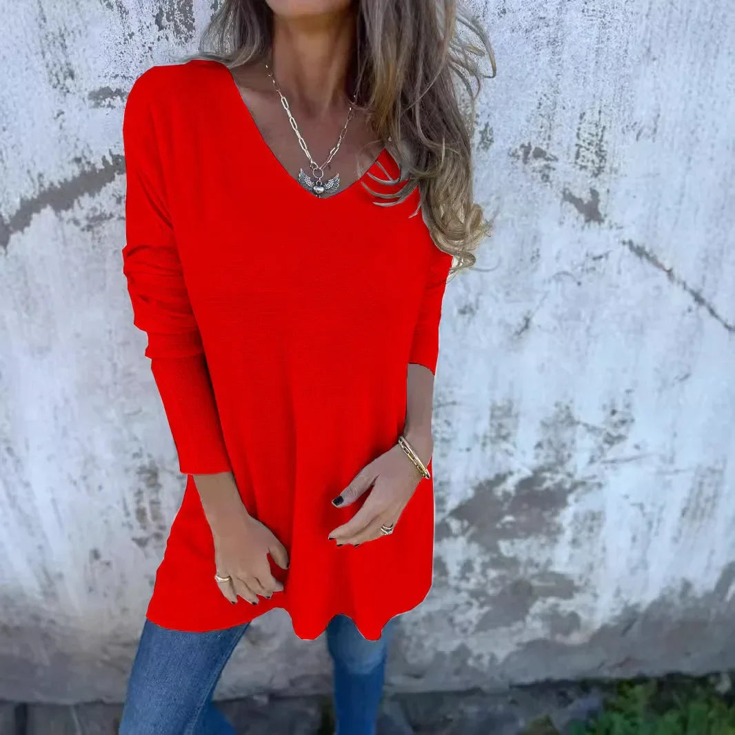 Rebecca | Relaxed V-Neck Knit Tunic Red