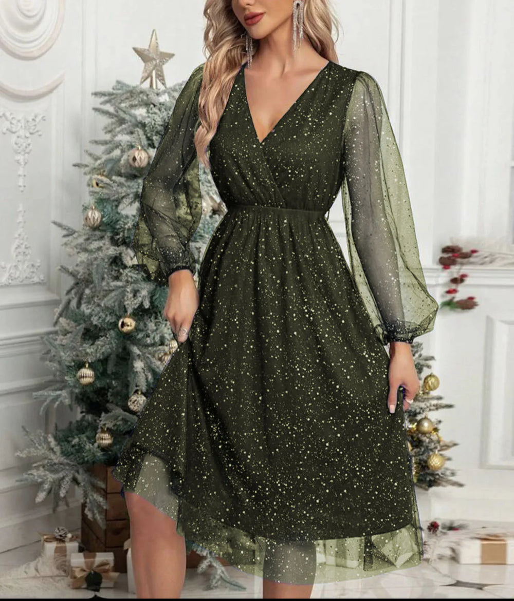 Stella™ | Sparkling Mesh-Sleeve Evening Dress Green