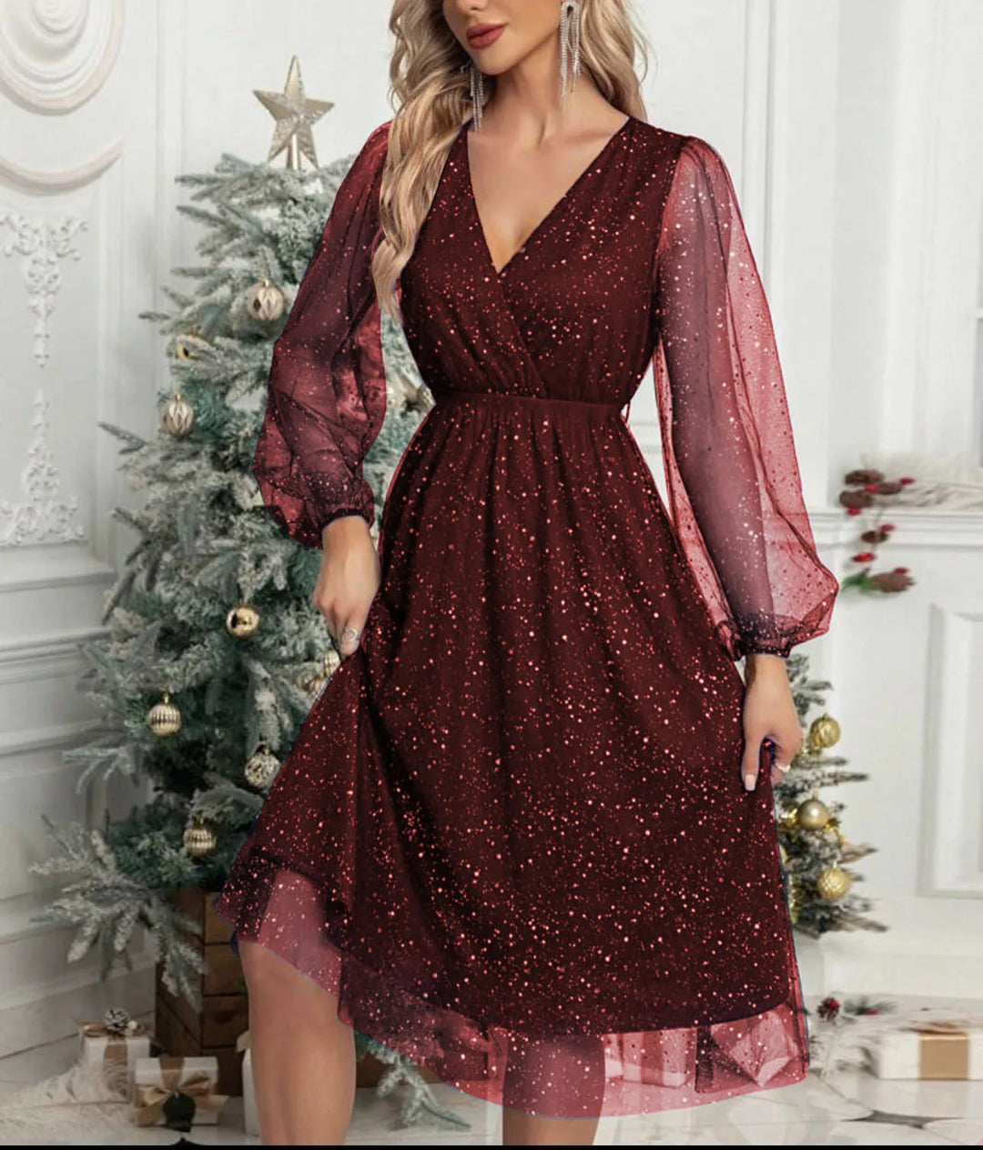 Stella™ | Sparkling Mesh-Sleeve Evening Dress Claret