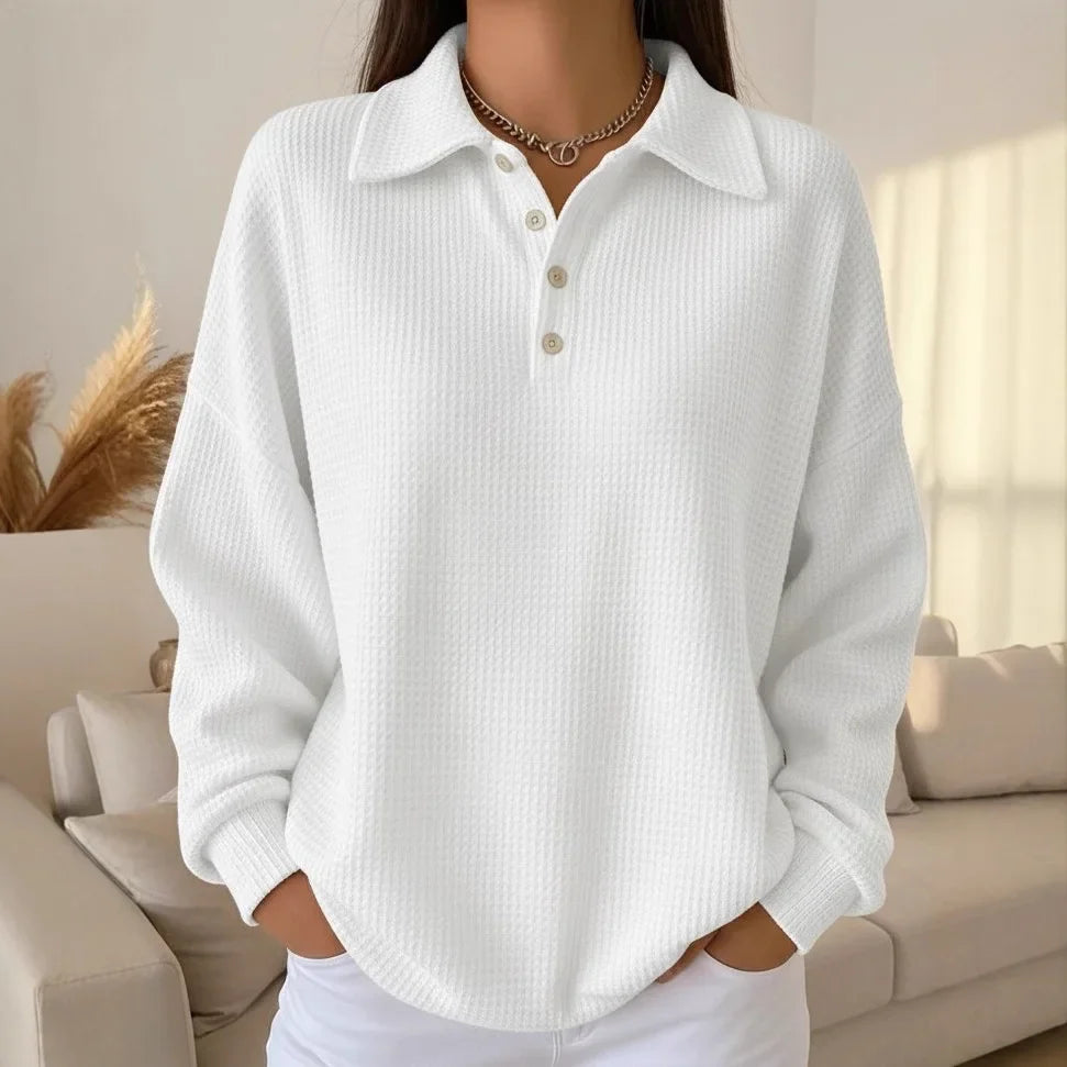Carly | Classic Waffle-Knit Polo Sweater White