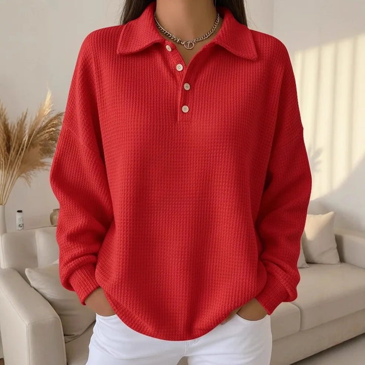 Carly | Classic Waffle-Knit Polo Sweater Red