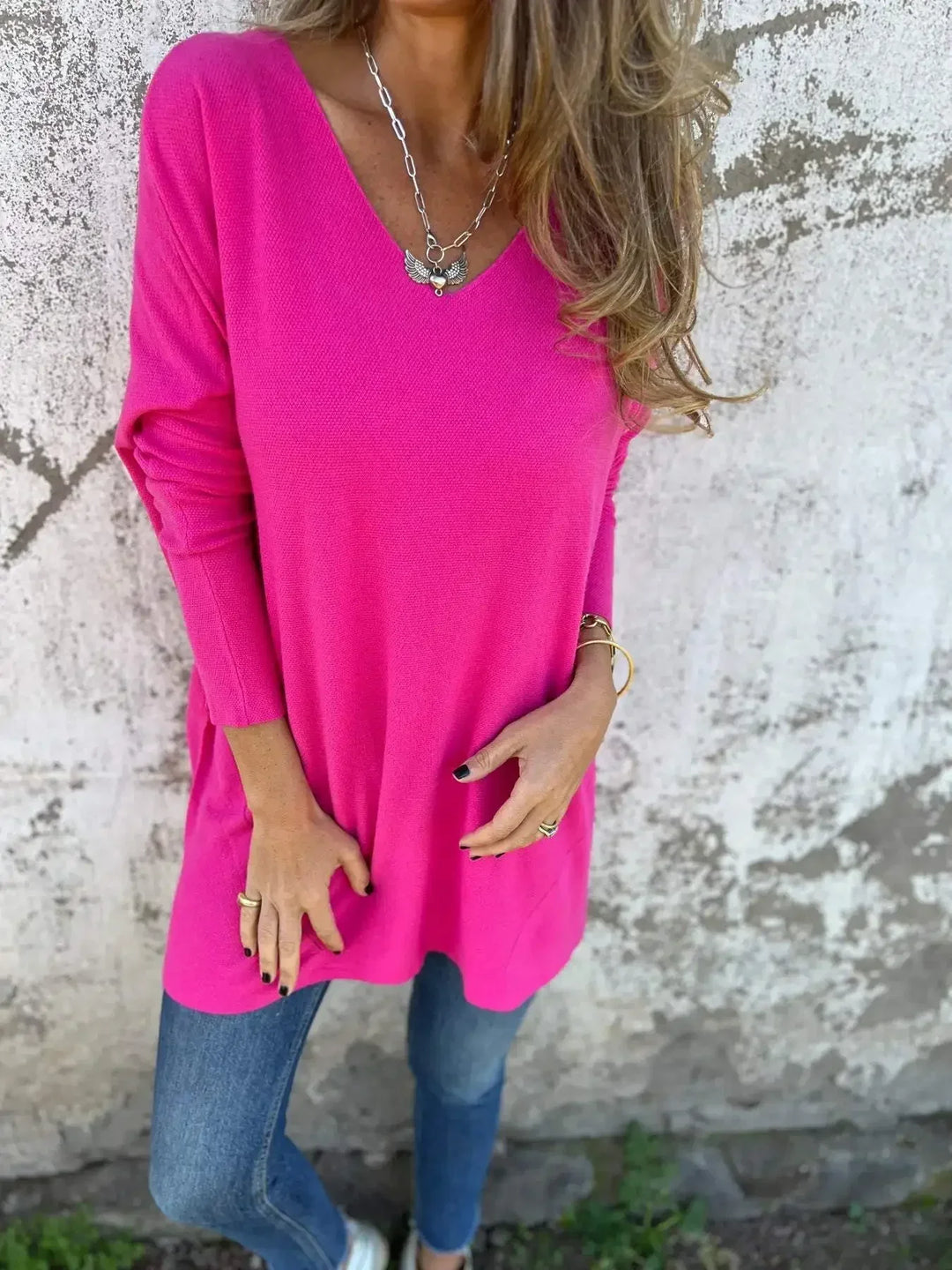 Rebecca | Relaxed V-Neck Knit Tunic Pink