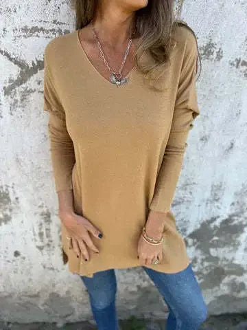 Rebecca | Relaxed V-Neck Knit Tunic Khaki
