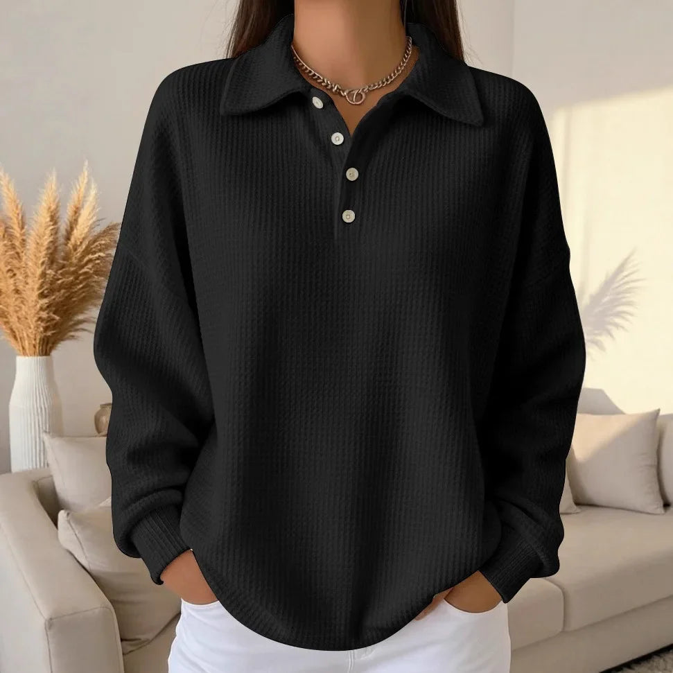 Carly | Classic Waffle-Knit Polo Sweater Black