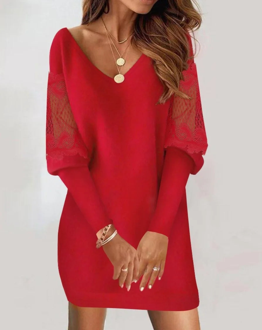 Jenna™ | Elegant Lace-Sleeve Comfort Dress Red