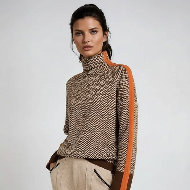 Elara | Roll Neck Jumper with Contrasting Stripes Orange