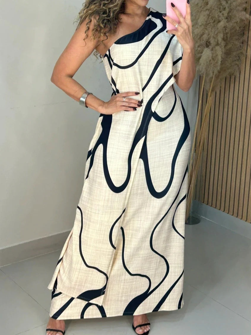 Alina | Abstract Off-Shoulder Maxi Dress White