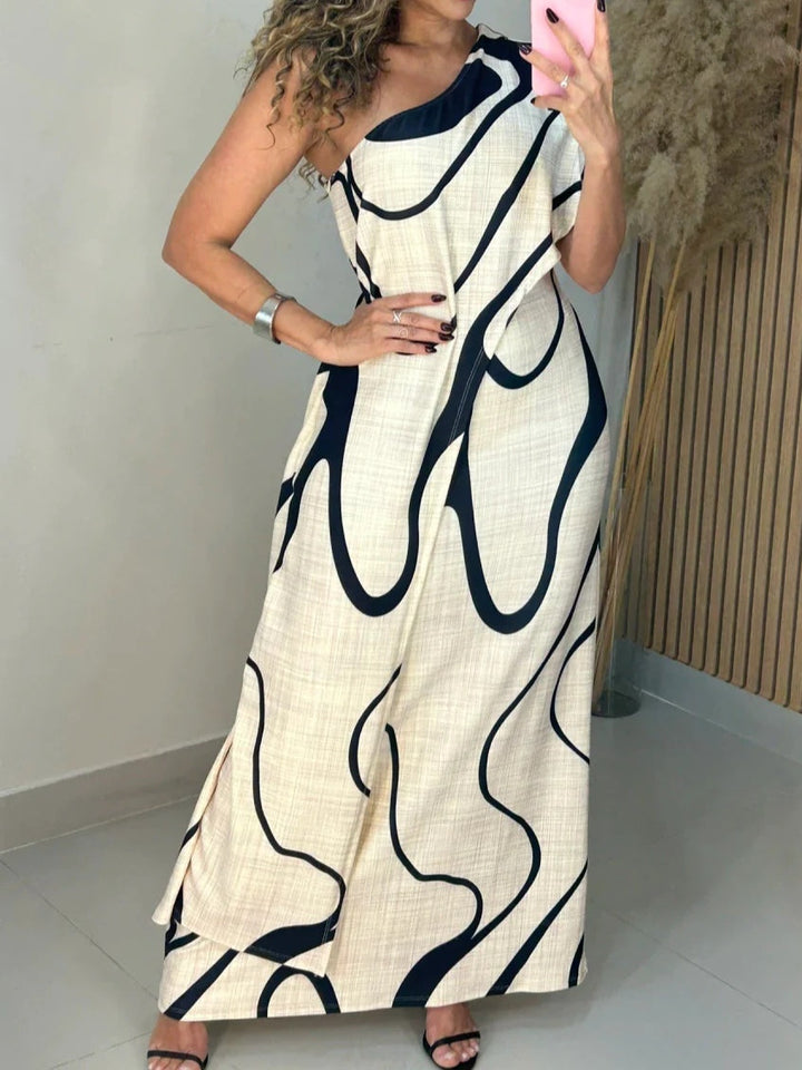 Alina | Abstract Off-Shoulder Maxi Dress White