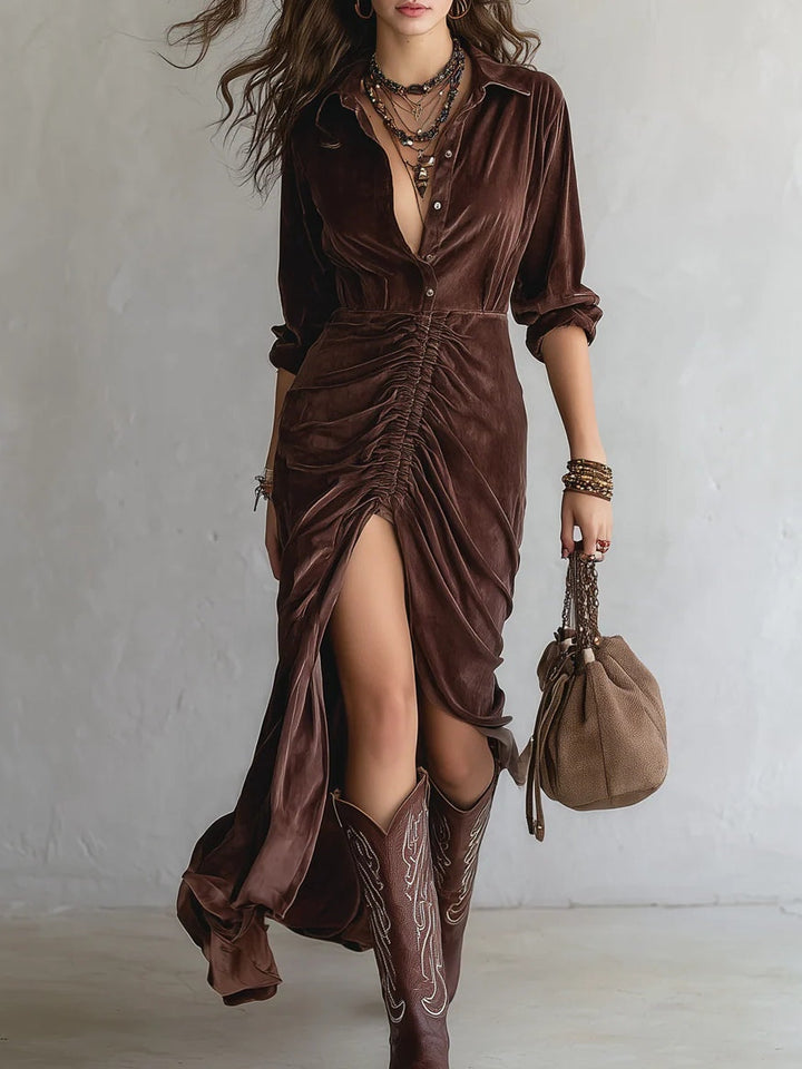Maya™ | Pleated Velvet Midi Dress Brown