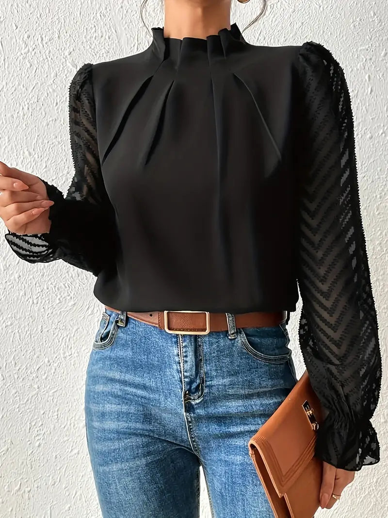 May Britt | Chic Pleated Top with Sheer Mesh Sleeves for Women Black