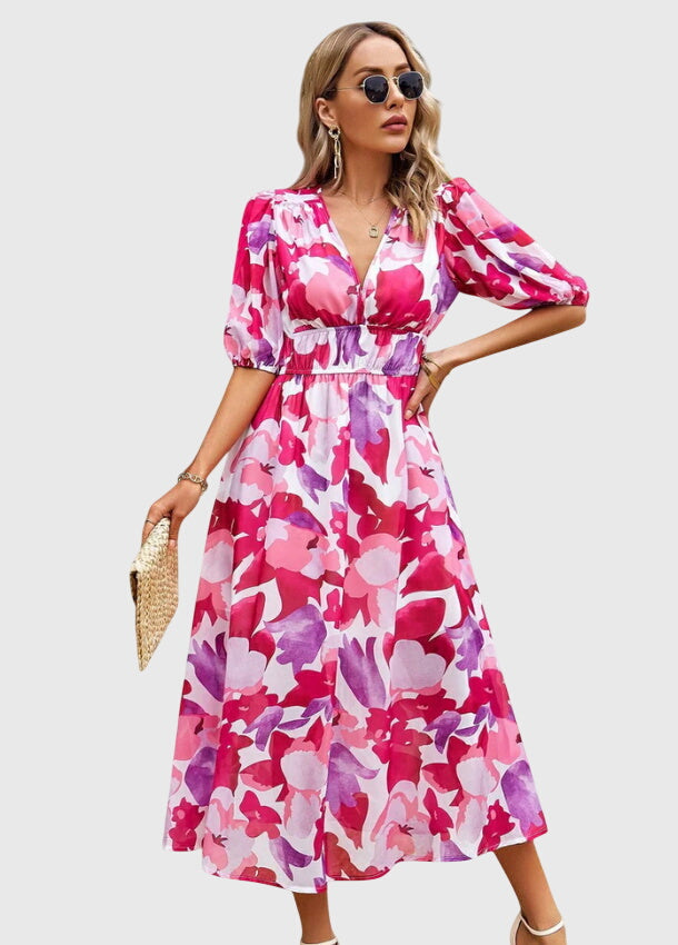 Joyce | Flattering Floral Midi Dress Pink