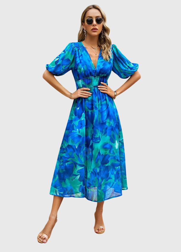 Joyce | Flattering Floral Midi Dress Blue