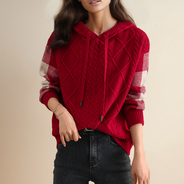 Emily | Cable Knit Hoodie Sweater Red