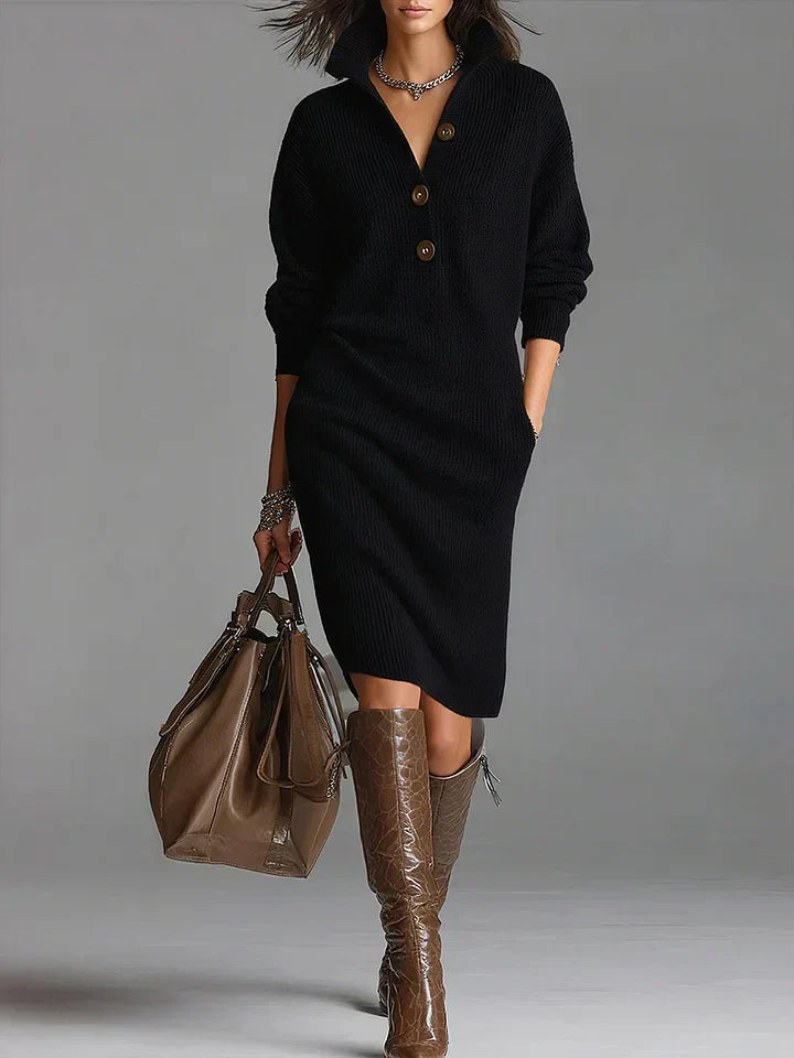 Lena™ | Elegant Ribbed Sweater Dress Black