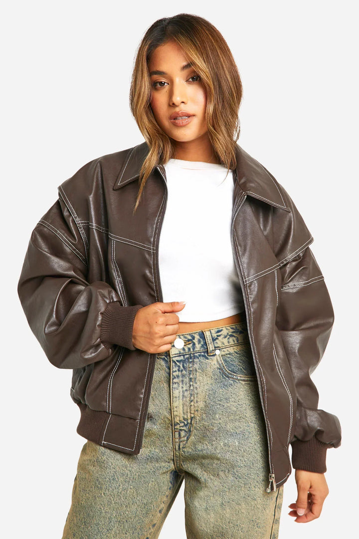 Marja | Plus Size Casual Bomber Jacket with Embroidery Details Brown