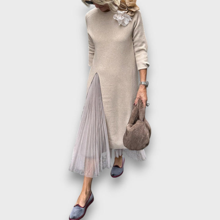 Aria | Layered Knit & Tulle Midi Dress Beige